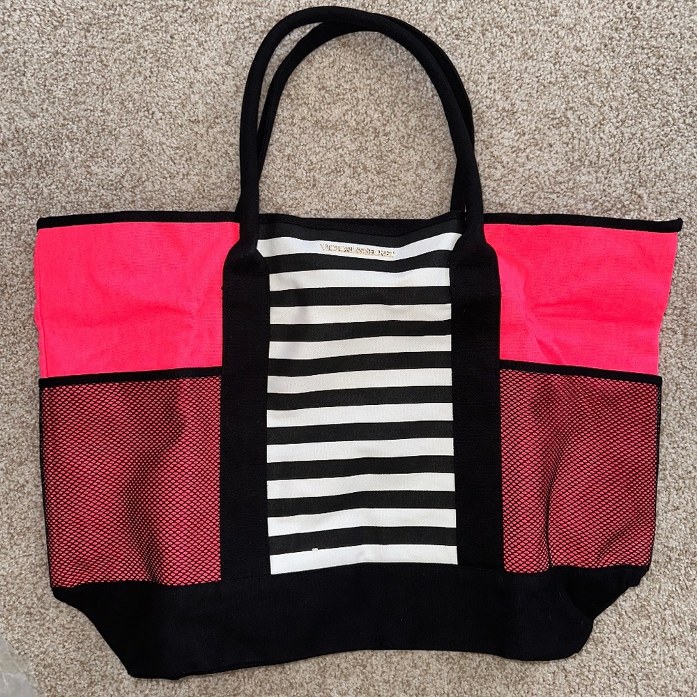New Victoria's Secret hot pink, striped tote  with mesh pockets